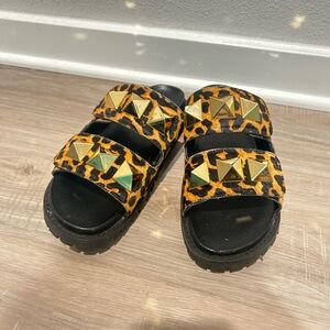 Leopard Print Sandals with Gold Accents